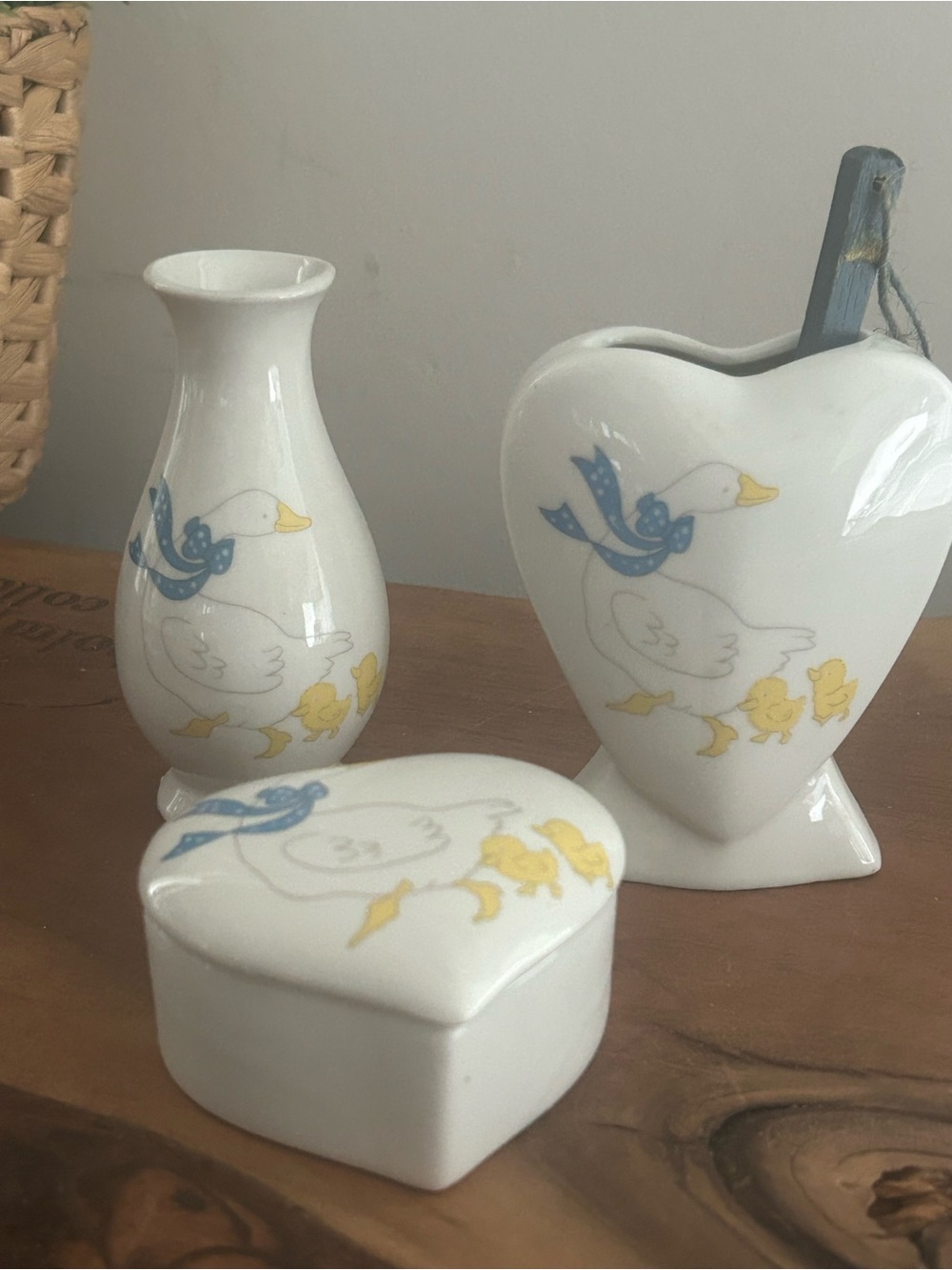 country goose motif with blue bow trinket box vase & utensil holder set of 3